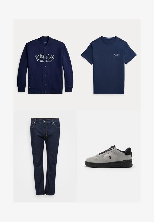 Marineblaue Jacke mit Knopfleiste und "POLO Ralph Lauren" Schriftzug auf der Vorderseite sowie Taschen auf beiden Seiten, mit langen Ärmeln und gerippten Bündchen.; Marineblaues T-Shirt mit kurzen Ärmeln, rundem Ausschnitt und Brusttasche, bestickt mit "Polo RL" in Weiß.; Dunkelblaue Denim-Jeans mit geradem Bein, sichtbar abgenäht in kontrastierendem Gelb, fünf Taschen und einem vorderen Knopfverschluss.; Graue Wildleder-Sneaker mit schwarzen Akzenten, mit einem strukturierten Stoffseitenteil, runder Zehenpartie und schwarzer Gummisohle. Logo auf der Seite eingestickt.