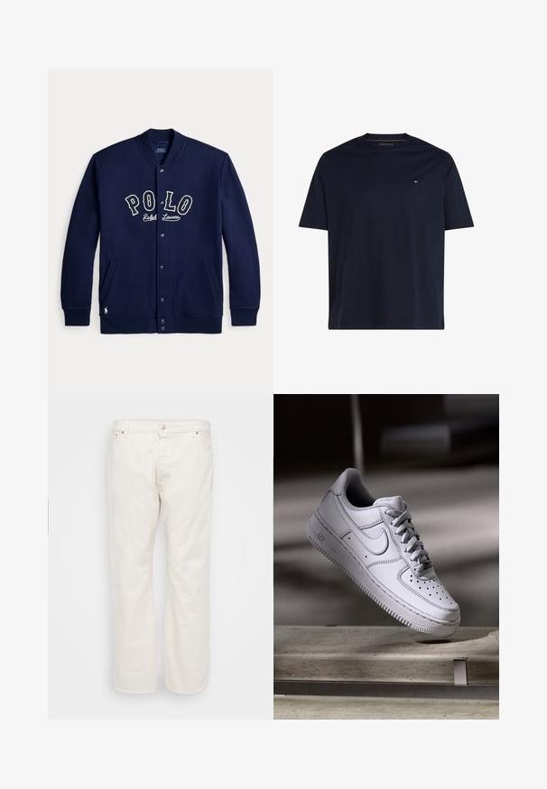 Marineblaue Jacke mit Knopfleiste und "POLO Ralph Lauren" Schriftzug auf der Vorderseite sowie Taschen auf beiden Seiten, mit langen Ärmeln und gerippten Bündchen.; Schlichtes dunkelblaues T-Shirt mit kurzen Ärmeln, Rundhalsausschnitt und kleinem rot-weiß-blauem Logo auf der linken Brust.; Weiße Denim-Jeans mit geradem Schnitt, ausgestattet mit einem Knopfverschluss, Gürtelschlaufen und zwei Seitentaschen. Glatte Textur, minimale Details.; Weißer Nike Air Force 1 Sneaker aus Leder mit perforierter Zehenpartie, flachen Schnürsenkeln und strukturierter Gummisohle mit "AIR"-Branding an der Seite.