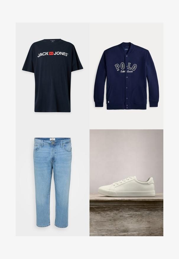 Marineblå skjorteblazer med "POLO Ralph Lauren" skrift foran og lommer på hver side, med lange ærmer og ribstrikkede manchetter.; Sort T-shirt med korte ærmer med hvid "JACK JONES" tekst og et rødt firkantet logo centreret på brystet.; Lys blå denimjeans med en afslappet pasform, fem-lomme design, knaplukning og synlige syninger.; Hvide snørresneakers svævende over en træbænk med grønne planter i baggrunden, der fremhæver skodesign og tekstur.