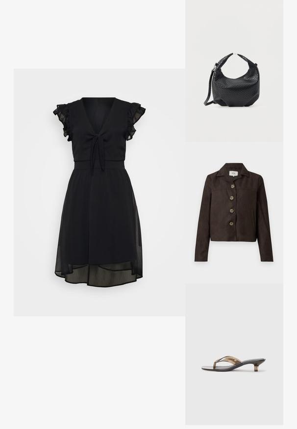 Dunkelbraune Wildleder-Cropped-Jacke mit langen Ärmeln, breitem Kragen, vier großen Knöpfen auf der Vorderseite und seitlichen Eingrifftaschen.; Schwarzes Kleid mit V-Ausschnitt, Bindedetail in der Taille, kurzen Rüschensäumen und einem geschichteten, durchsichtigen Rock mit einem etwas längeren Rücken.; Transparente Flip-Flops mit Absatz und dünnem Riemen-Design, mit schwarzem Fußbett und hellbraunen Akzenten, die eine minimalistische Ästhetik bieten.; Schwarze gewebte Lederhandtasche mit kurzem Griff und abnehmbarem Schulterriemen, präsentiert vor einem schlichten hellen Hintergrund.