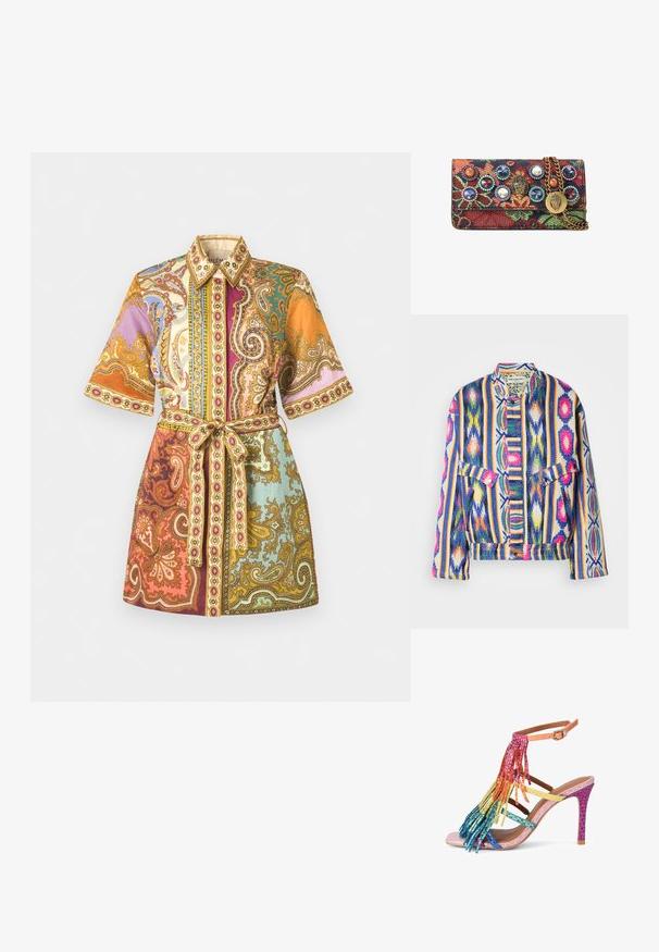 Veste tissée colorée avec des rayures verticales et des motifs géométriques en bleu, rose, jaune, vert et blanc, comportant des poches à rabat et des boutons-pression.; Robe chemise à manches courtes avec ceinture, ornée de motifs paisley et floraux colorés dans des tons d'orange, de violet, de bleu-vert et d'or.; Sandale à talons hauts avec semelle rose, brides multicolores en strass et décoration à franges arc-en-ciel suspendues à la sangle de cheville avec boucle.; Pochette rectangulaire à motif floral multicolore, décorée de gros clous en pierres précieuses et dotée d'une chaîne dorée avec un fermoir décoratif.