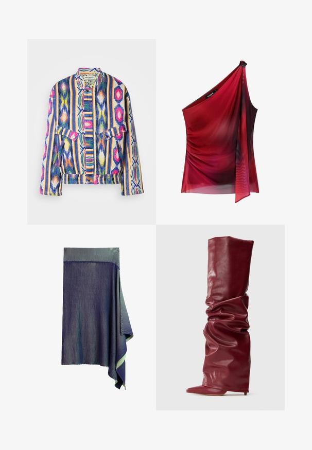 Kleurrijke geweven jas met verticale strepen en geometrische patronen in blauw, roze, geel, groen en wit, met klepzakken en drukknoopsluitingen.; Asymmetrische rode top van lichtgewicht, doorschijnende stof. Heeft een gerimpeld zijdelings ontwerp met drapering en een knoopdetail op één schouder.; Donkerblauwe gebreide rok met zeer fijne witte verticale strepen en een asymmetrische geplooide zoom aan één kant.; Hoge slungelige bordeaux leren laarzen met puntige neus en lage hak op een effen lichte achtergrond.