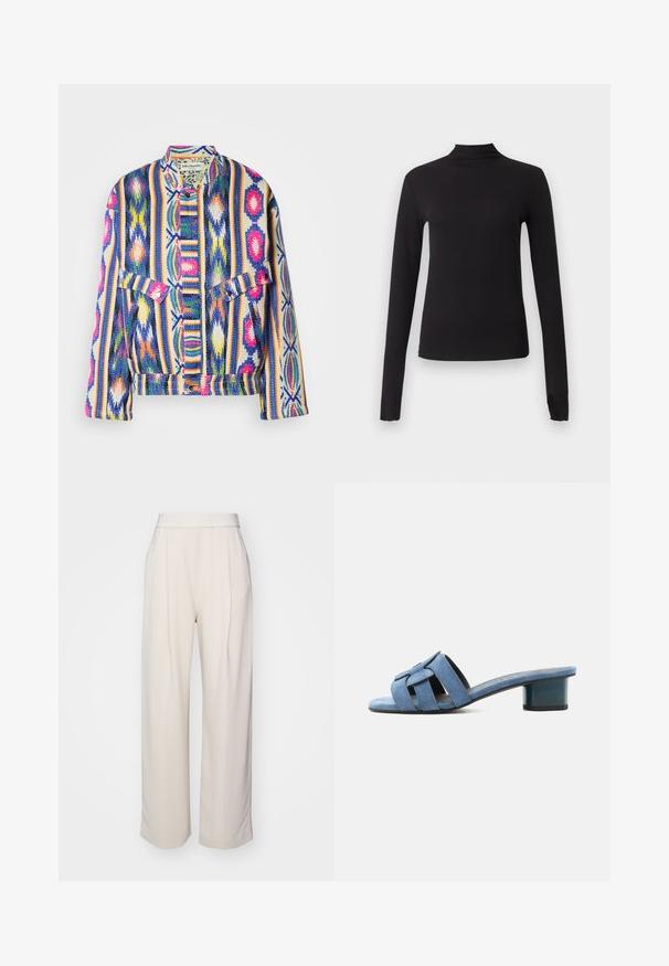 Veste tissée colorée avec des rayures verticales et des motifs géométriques en bleu, rose, jaune, vert et blanc, comportant des poches à rabat et des boutons-pression.; Haut noir ajusté à manches longues avec col montant, présenté sur un fond gris clair uni.; Stine Goya CIARA - Pantalon classique - ivory; Mule bleu en daim à bout ouvert avec larges brides tissées et un petit talon bloc sur fond blanc.