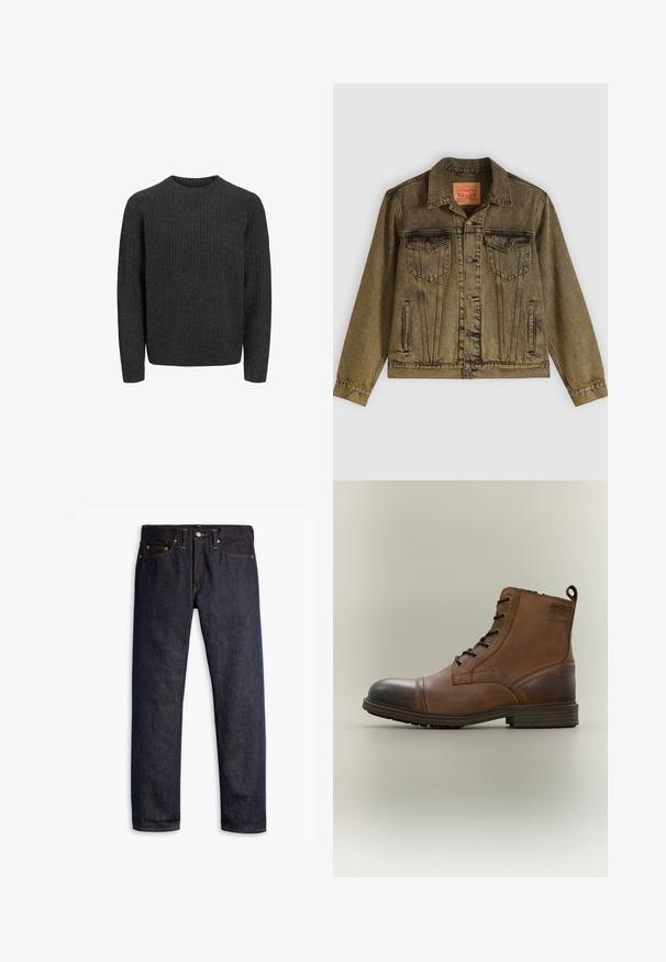Denimjack met een vervaagde olijfgroene kleur, voorzien van een knoopsluiting aan de voorkant, twee borstzakken en een puntige kraag. Gestructureerde stof met gedetailleerde naden.; Donkergrijze geribde trui met lange mouwen en een ronde halslijn, gemaakt van een gestructureerd gebreid materiaal. Eenvoudig en klassiek ontwerp.; Donkerblauwe spijkerbroek met een rechte pasvorm, vijf zakken, koperen klinknagels, gele stiksels en een duidelijke textuur in de stof.; Bruine leren enkellaars met veters, zwarte neuskap, ronde zool en merkdetail aan de zijkant tegen een effen achtergrond.