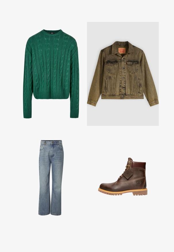 Denimjack met een vervaagde olijfgroene kleur, voorzien van een knoopsluiting aan de voorkant, twee borstzakken en een puntige kraag. Gestructureerde stof met gedetailleerde naden.; Groene kabelgebreide trui met een ronde hals en lange mouwen. Heeft een cropped ontwerp en een gestructureerd patroon over de hele trui.; Blauwe denim spijkerbroek met hoge taille, wijde pijpen, knoopsluiting aan de voorkant, ceintuurlussen en zakken voor en achter.; Bruine leren enkelboot met een ronde neus, stevige zool, hardware in goudkleur en een gestructureerde bovenkant. Inclusief een merklabel dat is bevestigd.