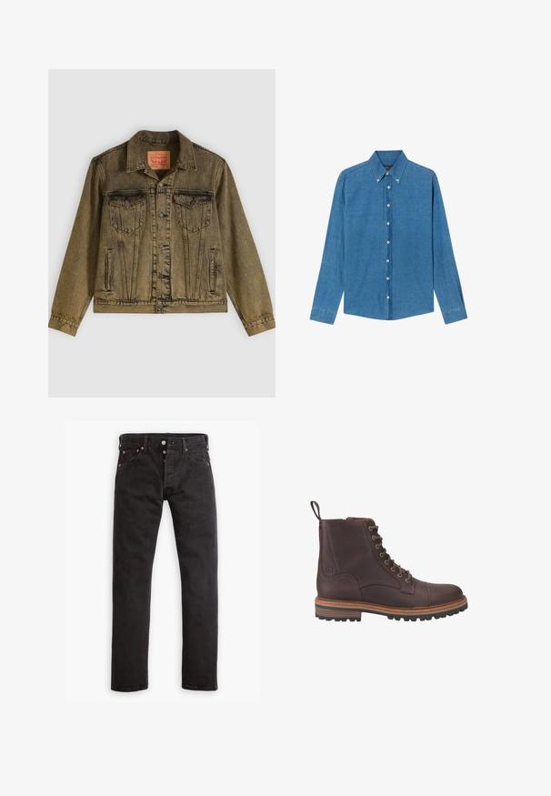 Denimjack met een vervaagde olijfgroene kleur, voorzien van een knoopsluiting aan de voorkant, twee borstzakken en een puntige kraag. Gestructureerde stof met gedetailleerde naden.; Blauwe denim shirt met een button-down kraag, lange mouwen en knopen aan de voorkant. De stof heeft een gestructureerde afwerking met een klassieke snit.; Zwarte slim-fit jeans met knoopsluiting, vijf zakken en koperen klinknagels, plat gelegd op een witte achtergrond.; Bruine leren veterschoenen tot boven de enkel met een gestructureerde afwerking, contrasterende beige zolen en metalen veteroogjes. Voorzien van een trekkoordje voor gemakkelijk aan- en uittrekken.