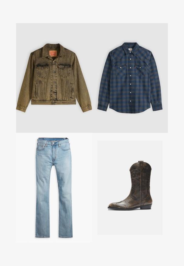 Denimjacke in verblasstem Olivgrün, mit vorderer Knopfleiste, zwei Brusttaschen und spitzem Kragen. Strukturierter Stoff mit detaillierten Nähten.; Langärmeliges blau-graues kariertes Hemd mit spitzem Kragen und zwei vorderen Brusttaschen mit Knopfverschluss.; Hellblaue Jeans aus Denim, mit geradem Bein, fünf Taschen, kontrastierenden Nähten und einem Knopfverschluss am Bund.; Braune Leder-Cowboystiefel mit hohem Schaft, spitzem Zehenbereich, aufwendigen Stickmustern und kleinem Absatz. Strukturierte Oberflächenbeschaffenheit.
