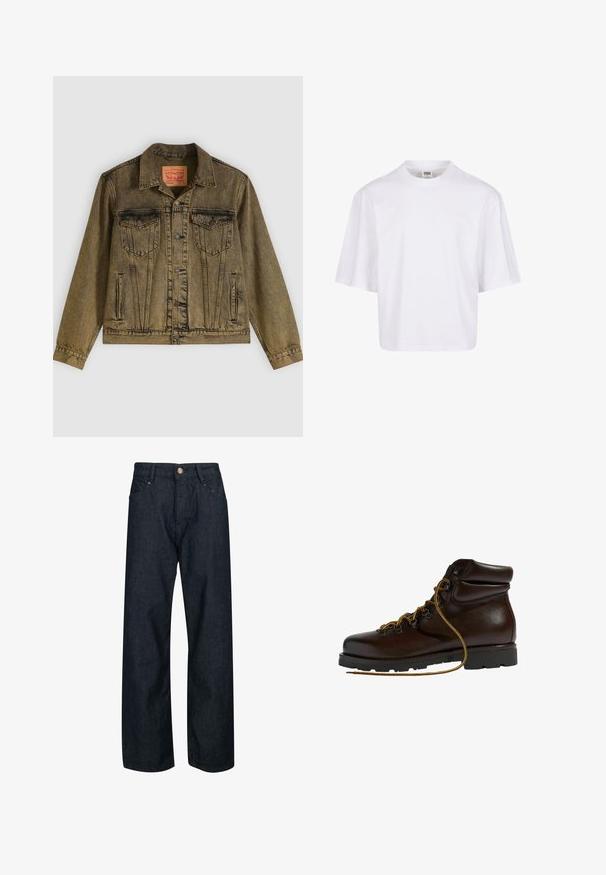 Veste en denim vert olive délavé, dotée d'une fermeture à boutons sur le devant, de deux poches poitrine et d'un col pointu. Tissu texturé avec des coutures détaillées.; T-shirt blanc à manches courtes avec un col rond et une coupe décontractée, fabriqué à partir d'un tissu en coton mélangé doux. Aucun motif ni embellissement.; Jean en denim bleu foncé avec une coupe droite, doté d'une fermeture par bouton, de cinq poches et de coutures contrastées sur les coutures.; Bottine de randonnée en cuir marron avec un bout arrondi, surface texturée, lacets jaunes et œillets en métal. Dotée d'une semelle en caoutchouc noir robuste.
