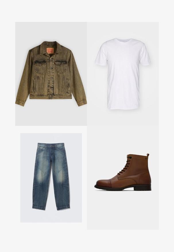 Denimjakke i falmet olivengrøn, med knapper foran, to brystlommer og spidst krave. Tekstureret stof med detaljerede sømme.; Selected SLHASPEN SLUB TEE - T-shirts basic - bright white; Lyseblå denimjeans med løs pasform, med falmede pletter, frontlommer og diagonale sømdetaljer. Design med lige ben.; Jack & Jones JFWSHAUN BOOT - Snørestøvletter - cognac