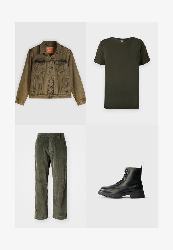 Denimjacke in verblasstem Olivgrün, mit vorderer Knopfleiste, zwei Brusttaschen und spitzem Kragen. Strukturierter Stoff mit detaillierten Nähten.; Schlichtes dunkelgrünes T-Shirt mit kurzen Ärmeln und Rundhalsausschnitt mit einem kleinen Lee-Markenetikett innen am Kragen vor weißem Hintergrund.; Olivgrüne Cordhosen mit vertikalen Rippungen, ausgestattet mit einem Knopfverschluss und einem geraden Schnitt. Weicher Stoff mit klassischer Passform.; Schwarze Lederstiefeletten mit runder Zehenpartie, sechs Ösen für die Schnürsenkel und einer dicken, strukturierten Sohle mit tiefen Rillen.