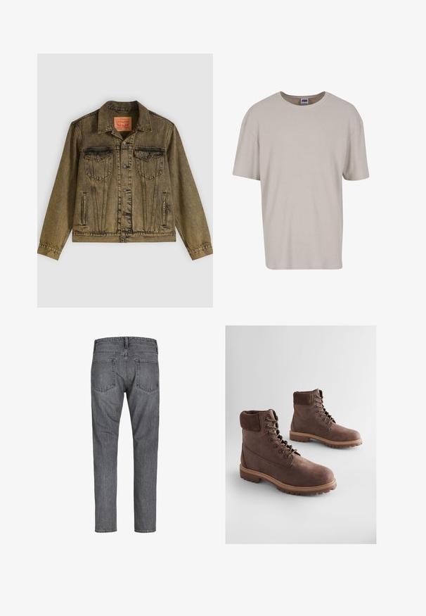 Denimjakke i falmet olivengrøn, med knapper foran, to brystlommer og spidst krave. Tekstureret stof med detaljerede sømme.; Lys beige kortermet t-shirt lavet af tekstureret stof, med rund halsudskæring og en løs pasform. Ingen synlige mønstre eller hardware.; Mørkegrå denim jeans med lige ben set bagfra med to baglommer og synlige syninger langs sømmene.; Brune læderankelstøvler med tekstureret finish, polstret krave, metaldyser og robust gummisål. Stilfuldt design for holdbarhed.