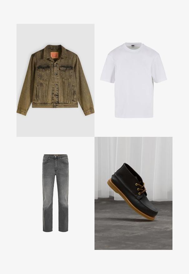 Denimjack met een vervaagde olijfgroene kleur, voorzien van een knoopsluiting aan de voorkant, twee borstzakken en een puntige kraag. Gestructureerde stof met gedetailleerde naden.; Witte kraagloze t-shirt met korte mouwen, gemaakt van katoen. Heeft een ronde halslijn en een losse pasvorm. Soepele textuur, minimalistisch ontwerp, geen patronen of accenten.; Rechtafstaande jeans voor mannen in vervaagd donkergrijs denim met voorzakken, riemlussen en knoopsluiting.; Zwarte leren schoenen met een gladde afwerking, ronde neus, bruine veters en lichtbruine rubberen zolen. Logo gegraveerd aan de zijkant.