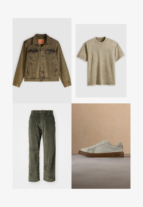 Denimjakke i falmet olivengrøn, med knapper foran, to brystlommer og spidst krave. Tekstureret stof med detaljerede sømme.; Lysbrun, kortærmet t-shirt med rund hals, lavet af blødt stof. Har et lille, broderet logo på brystet.; Olivengrønne fløjlsbukser med lodrette ribber, der har knaplukning og lige ben. Blød tekstur med en klassisk pasform.; Sneakeren har en overdel i cremefarvet læder, lyse syninger og en brun gummisål. Den har en rundet tå og klassisk snøredesign.