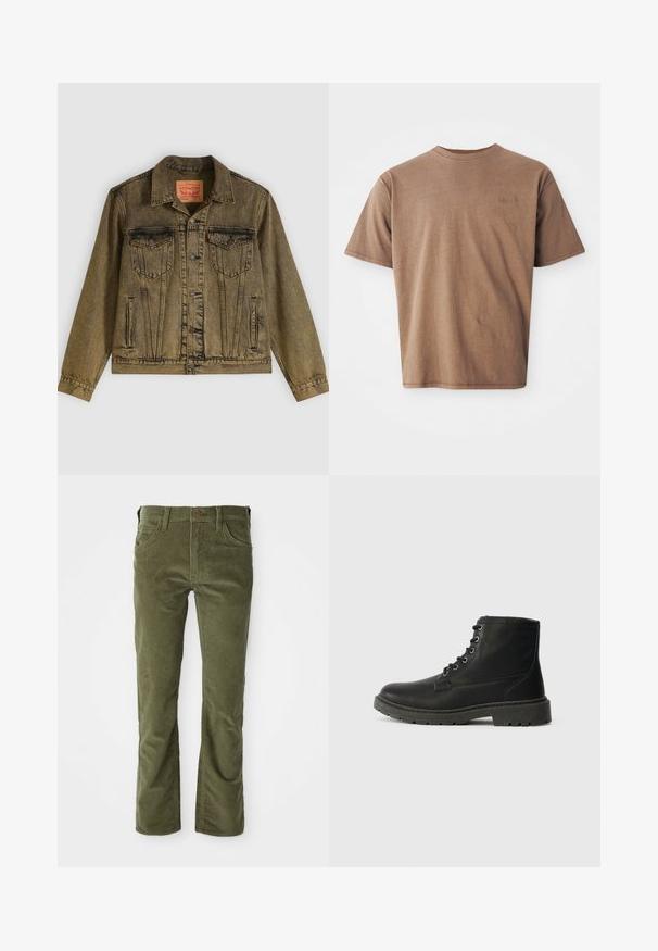 Denimjack met een vervaagde olijfgroene kleur, voorzien van een knoopsluiting aan de voorkant, twee borstzakken en een puntige kraag. Gestructureerde stof met gedetailleerde naden.; Bruine katoenen t-shirt met ronde hals, korte mouwen en een discreet geborduurd logo op de linkerborst. Soepele structuur, relaxte pasvorm.; Olijfgroene corduroy broek met voorzakken, riemlussen, knoopsluiting en een lichte flare bij de beenopeningen.; Zwarte leren enkellaars met vetersluiting, dikke rubberen zool, gestructureerde afwerking en versterkte stiksels. Bevat minimalistische branding.