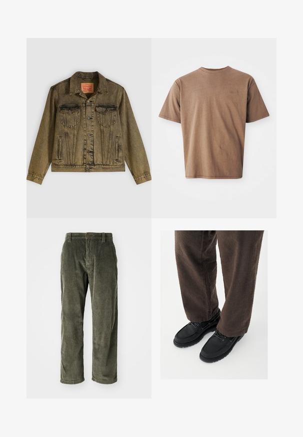 Denimjakke i falmet olivengrøn, med knapper foran, to brystlommer og spidst krave. Tekstureret stof med detaljerede sømme.; Brun bomulds t-shirt med rund hals, korte ærmer og et diskret broderet logo på venstre brystområde. Glat tekstur, afslappet pasform.; Olivengrønne fløjlsbukser med lodrette ribber, der har knaplukning og lige ben. Blød tekstur med en klassisk pasform.; Sorte lædersko med glat finish, rundet tå og snøredesign, kombineret med teksturerede brune bukser. Set fra gulvniveau.