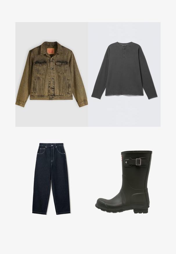 Denimjack met een vervaagde olijfgroene kleur, voorzien van een knoopsluiting aan de voorkant, twee borstzakken en een puntige kraag. Gestructureerde stof met gedetailleerde naden.; Donkergrijs henley-shirt met lange mouwen, een ronde halslijn en drie knopen op de voorklep.; Donkerindigo jeans met rechte pijpen, witte contrasterende stiksels, ontwerp met vijf zakken en metalen knoopsluiting in de taille.; Zwarte rubberen regenlaars met een ronde neus, een gespband aan de bovenkant en een geprofileerde buitenzool voor grip.