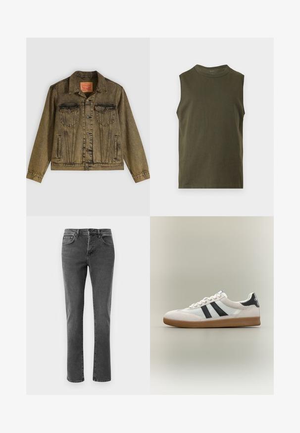 Denimjack met een vervaagde olijfgroene kleur, voorzien van een knoopsluiting aan de voorkant, twee borstzakken en een puntige kraag. Gestructureerde stof met gedetailleerde naden.; Mouwloos olijfgroen tanktop met ronde hals en rechte zoom, getoond tegen een effen lichte achtergrond.; Zwarte rechte denim jeans met voor- en achterzakken, ritssluiting en knoopsluiting op een gewone witte achtergrond.; Witte lage sneaker met zwarte strepen, bruine zool, mesh zijkanten en zwart hielstuk met witte tekst op een neutrale achtergrond.
