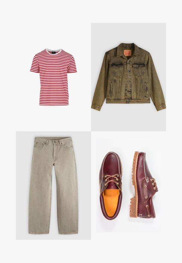 Denimjacke in verblasstem Olivgrün, mit vorderer Knopfleiste, zwei Brusttaschen und spitzem Kragen. Strukturierter Stoff mit detaillierten Nähten.; Rot-weiß gestreiftes Kurzarm-T-Shirt mit Rundhalsausschnitt, aus einem Stoff mit glatter Textur gefertigt. Es hat gleichmäßige horizontale Streifen.; Beige Jeans mit geradem Bein aus Denim, mit Vordertaschen, Gürtelschlaufen, Knopfverschluss und sichtbaren Nähten auf einem einfarbigen hellen Hintergrund.; Bordeauxfarbene Lederschuhe mit braunen Gummisohlen, runder Zehenform, weißen Nähten und goldenen Ösen. Das Innenfutter weist eine gelbe Beschichtung auf.