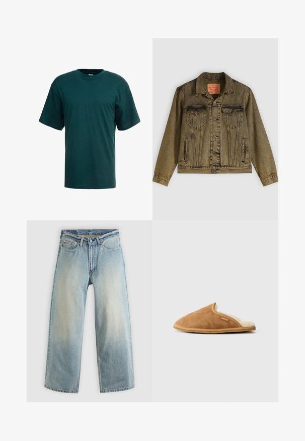 Denimjacke in verblasstem Olivgrün, mit vorderer Knopfleiste, zwei Brusttaschen und spitzem Kragen. Strukturierter Stoff mit detaillierten Nähten.; Dunkelgrünes Baumwoll-T-Shirt mit kurzen Ärmeln, Rundhalsausschnitt und lässiger Passform. Glatte Textur ohne sichtbare Muster oder Verzierungen.; Hellblaue, weit geschnittene Jeans aus Denim mit verblasstem Finish. Verfügen über ein standardmäßiges Design mit fünf Taschen und Metallknopfverschluss.; Braune Wildleder-Schlappen mit einem weichen cremefarbenen Innenfutter, offenes Design hinten und beiger Gummisohle. Verfügt über ein kleines Etikett auf der Oberseite.