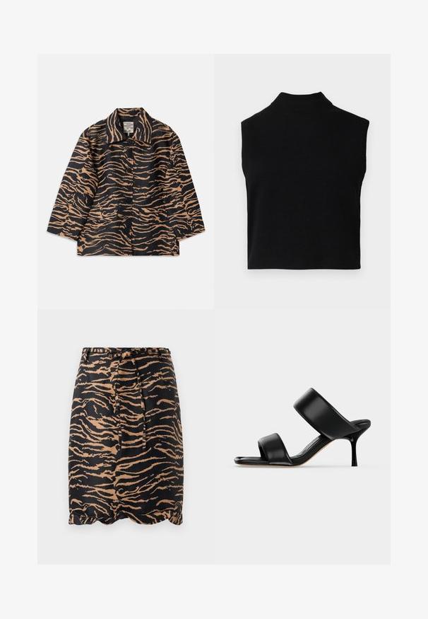 Tiger-mønstret frakke i sort og beige stof med krave, knaplukning foran og to forlommer.; Sort ærmeløs turtleneck-top med en tætsiddende pasform, lavet af blødt stof, med en ribbet halsudskæring og en glat overflade.; Sorte og tan tigerstribet nederdel lavet af glat stof, med en knytbar talje og et scallop-design i kanten.; Sort læder mule sandal med to brede remme og en slank mellemhøj stiletthæl på en ensartet lys baggrund.