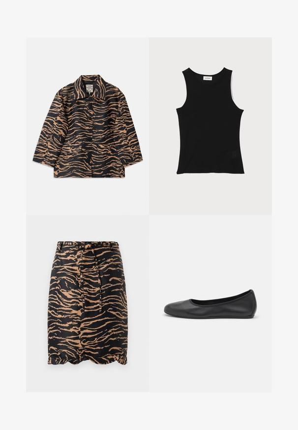 Manteau en tissu noir et beige à motif tigre, avec un col, une fermeture à boutons à l'avant et deux poches avant.; Débardeur noir à côtes avec un encolure ronde et de larges bretelles, présentant une finition texturée subtile et un petit détail en mesh au bas.; Jupe rayée noir et fauve en tissu lisse, dotée d'une taille à nouer et d'un ourlet en dentelle.; Ballerines en cuir noir avec un bout rond, texture lisse, détails de couture minimalistes et design de semelle flexible.