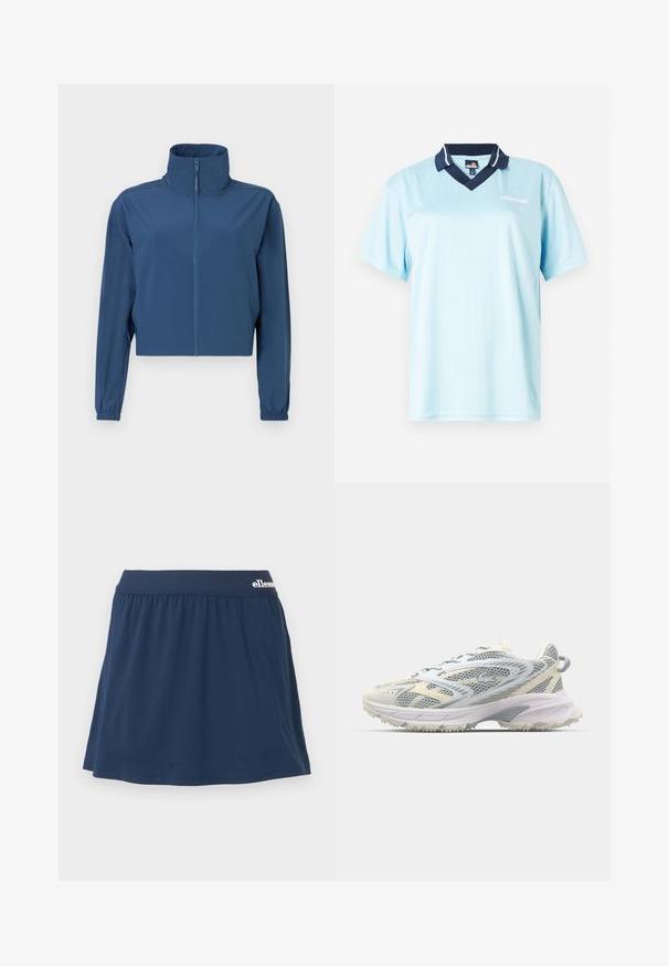 Veste bleue courte en tissu lisse, avec un col haut et une fermeture éclair intégrale. Manches longues avec des poignets élastiques. Design simple.; Polo bleu clair à manches courtes avec un col navy. Rayures verticales et logo en accent à l'avant. Tissu lisse et léger.; Jupe-culotte en tissu doux bleu marine avec une taille élastique. Présente un design froncé et un petit logo sur la taille.; Chaussure de sport en mesh gris et crème, avec une tige texturée, un embout renforcé et une semelle extérieure robuste de couleur claire pour une bonne adhérence.