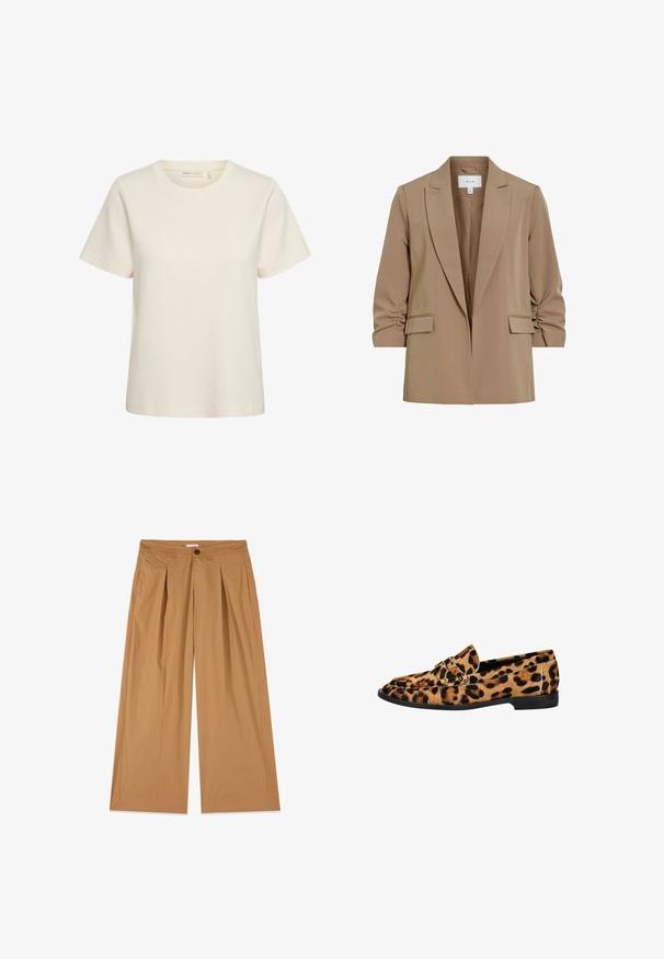 Beige damesblazer med rynkede trekvartlange ærmer, hakkede reverser og to forlommer med klap, mærket "VILA" indeni kraven.; Kremfarvet T-shirt med korte ærmer, rund halsudskæring og et enkelt, ensfarvet design mod en hvid baggrund.; Bredbenede beige bukser med forreste folder, sidelommer, knaplukning og lynlåsfly, lagt fladt på en hvid baggrund.; Leopardprint loafers lavet af blødt materiale, med en rund tå, en flad sort sål og en diskret stikning langs kanterne.