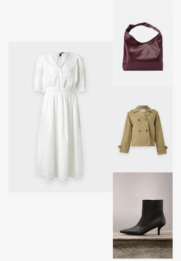 Kaki cropped trenchcoat med dobbeltradede knapper, brede reverser, skulderermer og justerbare manchetter med knapper.; Hvid bomulds kjole med korte puffærmer, V-hals, knaplukning, elastisk talje og blomstret broderet mønster hele vejen igennem.; Sort læder ankelstøvle med spids tå og en mellemhøj kitten heel, der svæver over en træoverflade mod en baggrund af grønne planter.; Burgunderfarvet taske med et tekstureret, vævet mønster, blødt lædermateriale og et enkelt, knyttet håndtag. Rummeligt, hobo-stil design.