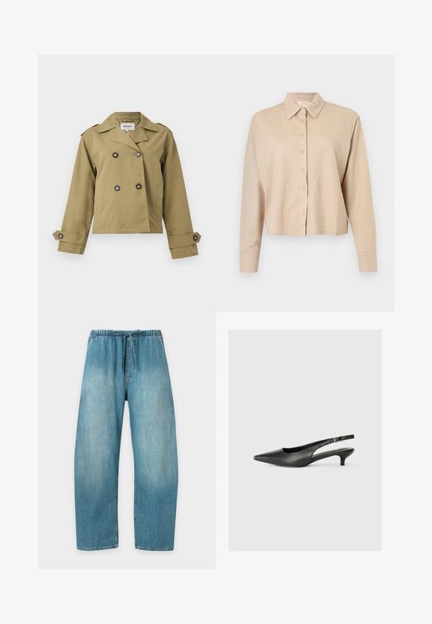 Kaki cropped trenchcoat med dobbeltradede knapper, brede reverser, skulderermer og justerbare manchetter med knapper.; Beige langærmet cropped skjorte med krave og knaplukning foran, lavet af blødt, let stof.; Lyseblå denim-bukser med elastisk talje og snøre, lige ben, og sidelommer, vist på en ens hvid baggrund.; Sorte spidse slingback-sko lavet af glat læder. Har en tynd hæl og en spænde detalje på den justerbare rem.