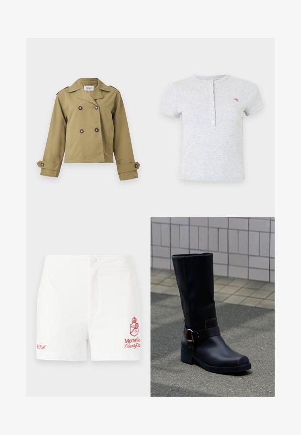 Gabardina corta color caqui con botones cruzados, solapas anchas, hombreras y puños con botones ajustables.; Camiseta gris de manga corta en tela suave, con cuello henley con cinco botones y un pequeño logo rojo en el lado izquierdo del pecho.; Pantalones cortos de algodón blancos con cierre de botón en la parte frontal, bolsillos laterales y logotipo bordado en rojo del Monte Carlo Country Club junto con el nombre de la marca.; Bota de cuero negra a media pantorrilla con tacón bajo y una correa decorativa con hebilla metálica, apoyada sobre una superficie pavimentada gris cerca de una pared alicatada.