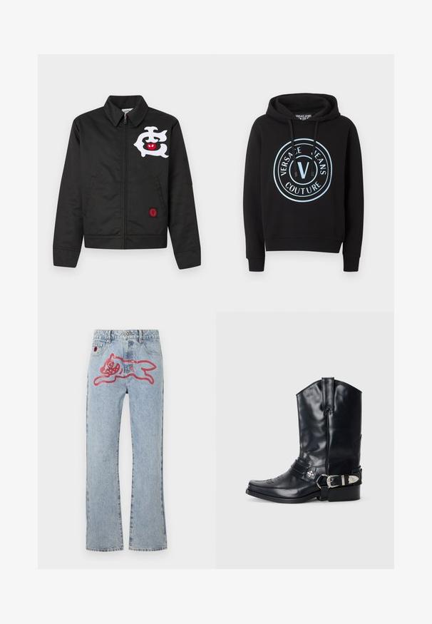 Die schwarze Jacke verfügt über einen Frontreißverschluss, einen Kragen und zwei Seitentaschen. Auffällige Designs sind ein weißes grafisches Muster und ein rotes Emblem am Saum.; Schwarzer Hoodie mit hellblauem, rundem Versace Jeans Couture-Logo auf der Vorderseite, Kapuze mit Kordelzug sowie gerippten Bündchen an Ärmeln und Saum.; Helle blaue Denim-Jeans mit geradem Beinschnitt, einem großen roten, cartoonhaften Katzenmotiv auf der Rückseite und der klassischen Fünf-Taschen-Optik.; Schwarze Ledersporenstiefel mit spitzem Zeh, hohem Schaft, dekorativer Stickerei und silberner Schnallenhardware am Riemen. Strukturiertes Finish.