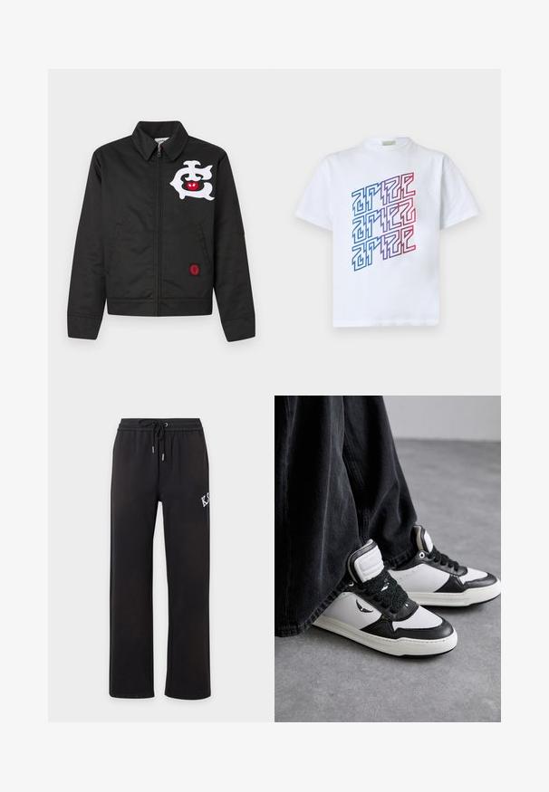 La chaqueta negra cuenta con una cremallera frontal, cuello y dos bolsillos laterales. Los diseños destacados incluyen un gráfico blanco y un emblema rojo en el dobladillo.; Camiseta blanca de manga corta con diseño geométrico similar a un laberinto en azul, púrpura y rojo impreso en la parte delantera.; Pantalones casuales negros con piernas rectas, cintura elástica y cordón, con letras blancas parciales en el muslo derecho.; Zapatillas altas en blanco y negro con un detalle de cordón negro texturizado, material de cuero y sintético, con un logo en el lado.