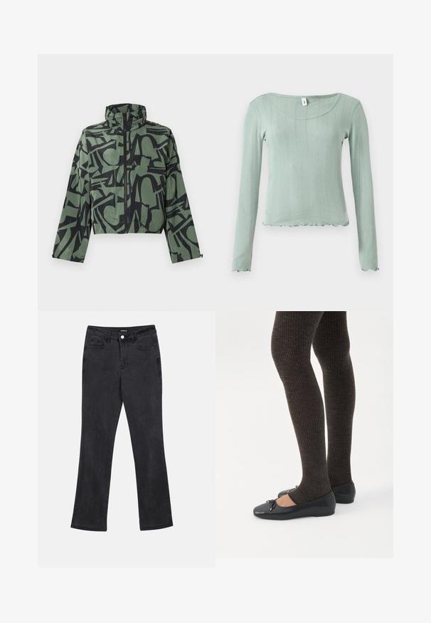 Kort jakke i grønt stof med et dristigt sort abstrakt mønster, med en høj krave og lynlåslukning. Letvægts- og tekstureret design.; Lysegrøn bluse med lange ærmer, ribbet tekstur, rund halsudskæring og bølget kant. Fremstillet af blødt materiale, der fremhæver en figursyet silhuet.; Sorte lige ben jeans med front- og baglommer, bæltestropper og knaplukning i taljen.; Ben iført mørke ribbede leggings kombineret med sorte balletsko med små sløjfedetaljer på hvid baggrund.