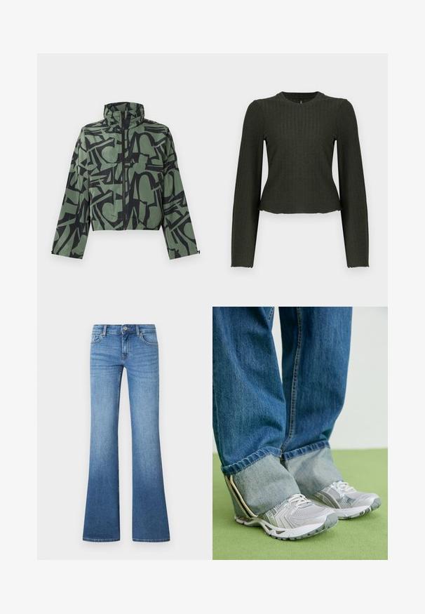 Korte jas van groene stof met een gedurfde zwarte abstracte print, voorzien van een hoge kraag en ritssluiting. Lichtgewicht en met textuur ontworpen.; Olijfgroene cropped lange mouw top gemaakt van ribbelstof. Heeft een ronde halslijn en een slim-fit silhouet.; Lichtblauwe uitlopende jeans gemaakt van denim. Voorzien van een ontwerp met vijf zakken, metalen knoopsluiting en subtiele vervagingen bij de knieën.; Grijze sportieve schoenen van mesh materiaal met witte accenten, in combinatie met blauwe denim jeans die aan de enkels zijn omgeslagen.