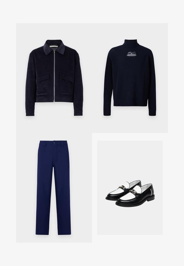 Marineblaue Cordjacke mit Reißverschluss, klassischem Kragen, zwei Fronttaschen und cropped Design. Texturiertes Gewebe mit breiten Rippungen.; Iceberg MAGLIA LUPETTO - Strickpullover - blu scurissimo; Marineblaue Hose mit Knopf und Reißverschluss, geradem Schnitt, flachem Bund und seitlichen Taschen; aus glattem, leichtem Material gefertigt.; Paar schwarz-weiße Lederloafer mit goldener Kettenverzierung oben, vor schlichtem hellem Hintergrund.