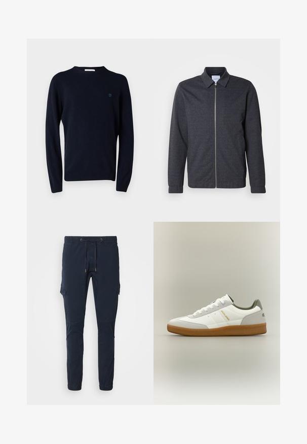 Donkergrijze jas met ritssluiting, een kraag, lange mouwen en een gladde stoftextuur. Voorzien van zijzakken en een minimalistisch ontwerp.; Marineblauw gebreid sweater met lange mouwen, ronde halslijn en een klein logo op de borst. Glad textuur en aansluitend ontwerp.; Marineblauwe cargo broek met een trekkoord in de taille, taps toelopende benen, zijzakken en kniestukken. Gemaakt van duurzaam materiaal met een gladde textuur.; Witte en grijze lage sneaker met gumzool, witte veters en gouden "JACK & JONES" merk op de zijkant, gezien vanaf de buitenkant.