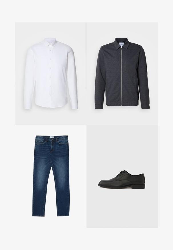 Donkergrijze jas met ritssluiting, een kraag, lange mouwen en een gladde stoftextuur. Voorzien van zijzakken en een minimalistisch ontwerp.; Witte langharige overhemd met knopen gemaakt van een gladde stof, met een klassieke kraag, acht knopen aan de voorkant en standaard manchetten.; Donkerblauwe slim-fit jeans met vervaagde details, klassiek vijf-pocket ontwerp, knoopsluiting en riemlussen.; Zwarte leren veterschoen met een gladde afwerking, een ronde neus en een lage rubberen hak. Voorzien van subtiele stikseldetails op het bovenwerk.