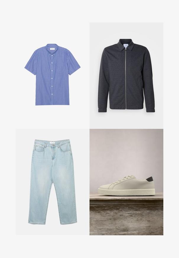 Veste zippée gris foncé avec col, manches longues et texture de tissu lisse. Dispose de poches latérales et d'un design minimaliste.; Chemise à manches courtes avec boutons, bleu et blanc à rayures verticales. Dotée d'un col pointu et d'une poche poitrine. Confectionnée en tissu léger.; Jean en denim bleu clair avec une coupe décontractée, cinq poches, une fermeture à bouton et un léger délavage. La texture est douce et légèrement usée.; Baskets blanches avec semelle texturée et détail noir au talon, flottant au-dessus d'un banc en bois avec de hautes herbes vertes en arrière-plan.
