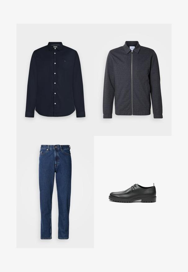 Veste zippée gris foncé avec col, manches longues et texture de tissu lisse. Dispose de poches latérales et d'un design minimaliste.; Chemise homme bleu marine à manches longues avec col et boutons blancs, présentée sur fond gris clair.; Jean bleu foncé en denim, avec une coupe droite, style cinq poches et des coutures apparentes le long des coutures.; Chaussures en cuir noir avec une finition lisse, bout arrondi et coutures décoratives. Elles possèdent une semelle en caoutchouc avec des rainures de traction et un laçage.