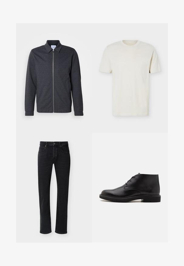 Dunkelgraue Reißverschlussjacke mit Kragen, langen Ärmeln und glatter Stoffstruktur. Verfügt über Seitentaschen und ein minimalistisches Design.; Schlichtes, cremefarbenes T-Shirt mit kurzen Ärmeln und Rundhalsausschnitt, mit dezentem Logo auf der linken Brust, auf weißem Hintergrund liegend präsentiert.; Schwarze Jeans mit geradem Bein, vorderen Taschen, Gürtelschlaufen, Knopfverschluss und sichtbaren Nähten vor einem schlichten weißen Hintergrund.; Schwarzer Lederknöchelstiefel mit drei Ösen, abgerundeter Spitze und flacher Sohle auf einfachem hellem Hintergrund.