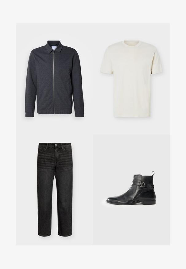 Mørkegrå lynlåstrøje med krave, lange ærmer og en glat stoftekstur. Har sidelommer og et minimalistisk design.; Simpel, off-white T-shirt med korte ærmer og rund hals, med diskret logo på venstre bryst, vist mod en hvid flad baggrund.; Sorte denimjeans med lige snit, der har en mellemhøj talje, fem lommer og metalknaplukning. Blød tekstur med let bleget effekt.; Sorte læder ankelstøvler med rund tå, sidespænde detaljer og en løkkerings på hælen. Flad sål med en subtil glansfinish.