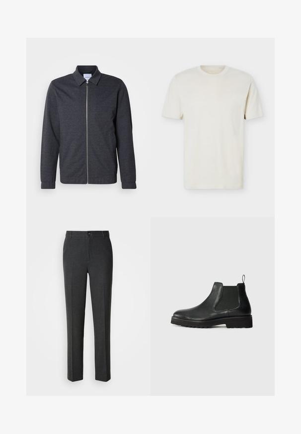 Dunkelgraue Reißverschlussjacke mit Kragen, langen Ärmeln und glatter Stoffstruktur. Verfügt über Seitentaschen und ein minimalistisches Design.; Schlichtes, cremefarbenes T-Shirt mit kurzen Ärmeln und Rundhalsausschnitt, mit dezentem Logo auf der linken Brust, auf weißem Hintergrund liegend präsentiert.; Maßgeschneiderte dunkelgraue Hosen aus glattem Stoff, mit Knopfverschluss, zwei vorderen Taschen und geradem Bein.; Schwarze Leder Chelsea-Stiefel mit elastischem Seitenpanel, runder Zehenpartie, strukturiertem Sohlenprofil und kleiner Zuglasche an der Ferse.