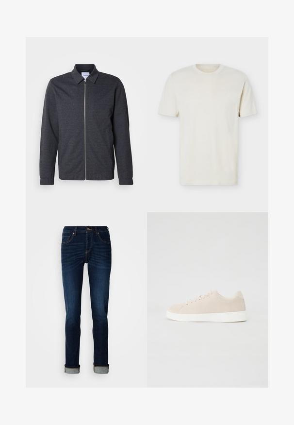 Mørkegrå lynlåstrøje med krave, lange ærmer og en glat stoftekstur. Har sidelommer og et minimalistisk design.; Simpel, off-white T-shirt med korte ærmer og rund hals, med diskret logo på venstre bryst, vist mod en hvid flad baggrund.; Dunkelblå jeans med lige ben, lynlås, og opkrøllede kanter. Fremstillet af denim med let falmende farve og kontrastfarvede syninger.; Beige ruskindsneakers med hvide gummisåler, rund tå og seks snøringshuller. Glat tekstur med minimalisk design.