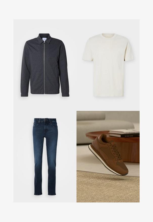 Dunkelgraue Reißverschlussjacke mit Kragen, langen Ärmeln und glatter Stoffstruktur. Verfügt über Seitentaschen und ein minimalistisches Design.; Schlichtes, cremefarbenes T-Shirt mit kurzen Ärmeln und Rundhalsausschnitt, mit dezentem Logo auf der linken Brust, auf weißem Hintergrund liegend präsentiert.; Dunkelblaue Jeans im Denim-Stil mit geradem Schnitt, fünf Taschen, Vorderknopfverschluss und subtilen Verblassungen an den Oberschenkeln.; Brauner Sneaker mit weißer Sohle, schwebend über einem beigen Teppich vor einem Holztisch mit gestapelten Büchern und hellgrauem Sofa im Hintergrund.