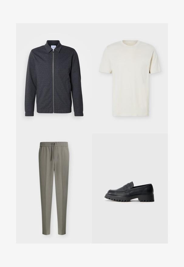 Dunkelgraue Reißverschlussjacke mit Kragen, langen Ärmeln und glatter Stoffstruktur. Verfügt über Seitentaschen und ein minimalistisches Design.; Schlichtes, cremefarbenes T-Shirt mit kurzen Ärmeln und Rundhalsausschnitt, mit dezentem Logo auf der linken Brust, auf weißem Hintergrund liegend präsentiert.; Hellgraue Herren-Anzugshosen mit schmal zulaufenden Beinen und einem elastischen Bund mit vorderem Kordelzug.; Schwarze Leder-Loafer mit abgerundeter Schuhspitze, ausgestattet mit einem dekorativen Riemen und einer robusten Gummisohle mit tiefem Profil für besseren Halt.