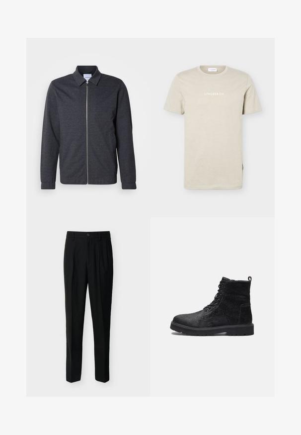 Donkergrijze jas met ritssluiting, een kraag, lange mouwen en een gladde stoftextuur. Voorzien van zijzakken en een minimalistisch ontwerp.; Beige T-shirt met korte mouwen en een ronde hals met "LINDBERGH" in het wit gedrukt, gecentreerd op de borst tegen een effen achtergrond.; Zwarte, op maat gemaakte, high-waist broek met riemlussen, plooien aan de voorkant, zijzakken en een knoop- en ritssluiting.; Zwarte enkelboots met een gestructureerde bovenkant, voorzien van vetersluiting aan de voorkant, een stevige rubberen zool en een trekhaak aan de achterkant voor gemakkelijk aantrekken.