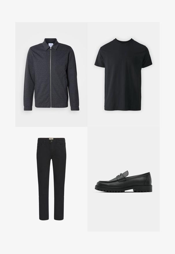 Chaqueta gris oscuro con cremallera, cuello, mangas largas y textura de tela suave. Cuenta con bolsillos laterales y un diseño minimalista.; Camiseta de algodón negra de manga corta con cuello redondo y un ajuste relajado. Textura suave y dobladillo recto, sin gráficos ni patrones visibles.; Vaqueros de mezclilla negra con corte recto, diseño de cinco bolsillos y cierre frontal de botón. Textura suave con sutiles detalles de costura.; Mocasines de cuero negro con punta redonda, que cuentan con un diseño cosido, suela de plataforma baja y una suela de goma texturada y con tacos.
