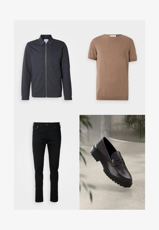 Mørkegrå lynlåstrøje med krave, lange ærmer og en glat stoftekstur. Har sidelommer og et minimalistisk design.; Brun kortærmet strikket sweater med ribkant i ærmer og bund samt rund halsudskæring, vist på hvid baggrund.; Sorte denim jeans med en slank pasform, featuring en lynlås foran, bæltestropper og forlommer. Glat tekstur, minimal detailing, klassisk design.; Brune læder loafers med en tekstureret, rippet gummisål. Har et slankt design og et dekorativt bånd over vristen.
