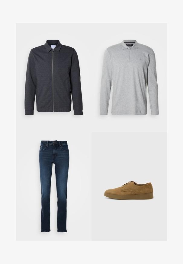 Dunkelgraue Reißverschlussjacke mit Kragen, langen Ärmeln und glatter Stoffstruktur. Verfügt über Seitentaschen und ein minimalistisches Design.; Graues Langarm-Polohemd aus weichem Stoff, mit einem halben Reißverschluss, einem klassischen Kragen und einem kleinen Logo auf der Brust.; Dunkelblaue Jeans im Denim-Stil mit geradem Schnitt, fünf Taschen, Vorderknopfverschluss und subtilen Verblassungen an den Oberschenkeln.; Brauner Wildleder-Schnürschuh für den Alltag mit flacher Gummisohle, von der Seite auf hellem, einfachem Hintergrund gesehen.