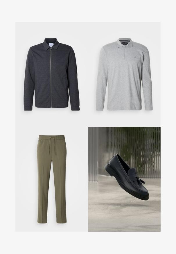 Veste zippée gris foncé avec col, manches longues et texture de tissu lisse. Dispose de poches latérales et d'un design minimaliste.; Polo gris à manches longues en tissu doux, équipé d'une fermeture éclair à moitié, d'un col classique et d'un petit logo sur la poitrine.; Pantalons légers couleur vert olive avec une taille élastique et un cordon de serrage réglable ; design à jambe droite et texture lisse.; Mocassins en cuir noir avec une texture lisse, un bout arrondi et des pampilles décoratives à l'avant. Semelle en caoutchouc flexible avec un petit talon.